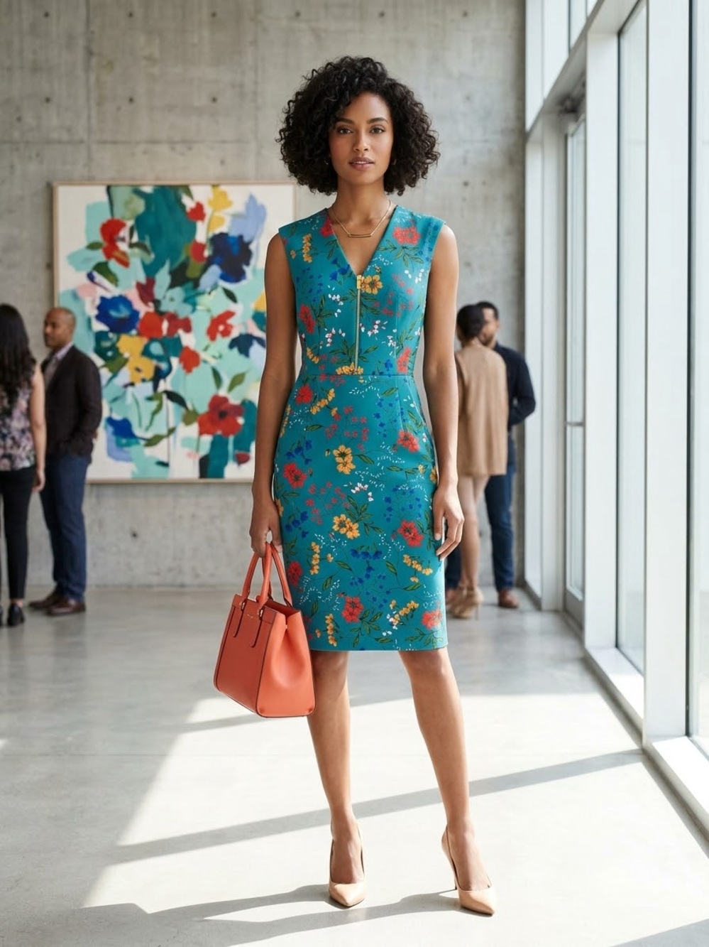 Calvin Klein Teal Floral V-Neck Sheath Dress